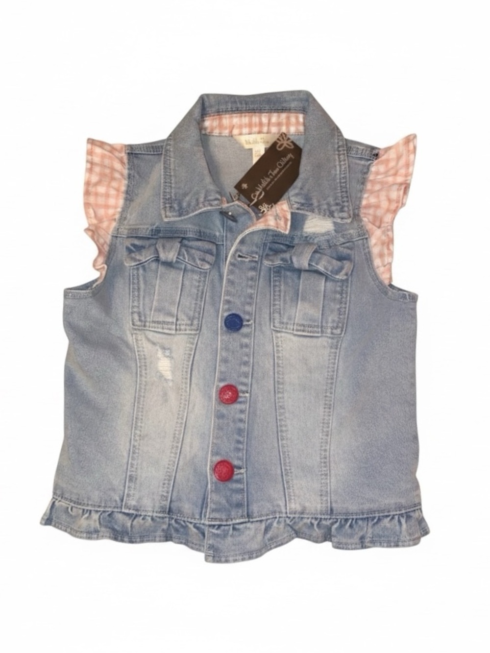 MATILDA JANE Light Wash Blue Denim Vest w/ Ruffled PNK Gingham Sleeves NWT SZ 8